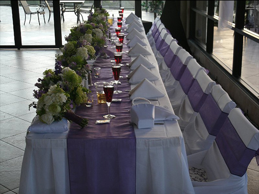 long banquet table with lavender table runner and chairs with lavender accent ribbon
